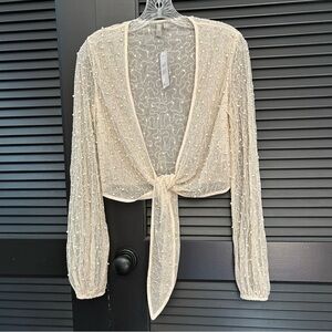 ASOS Sheer Open Top with Front Tie, Beaded Faux Pearls and Glass Beads, Size 0
